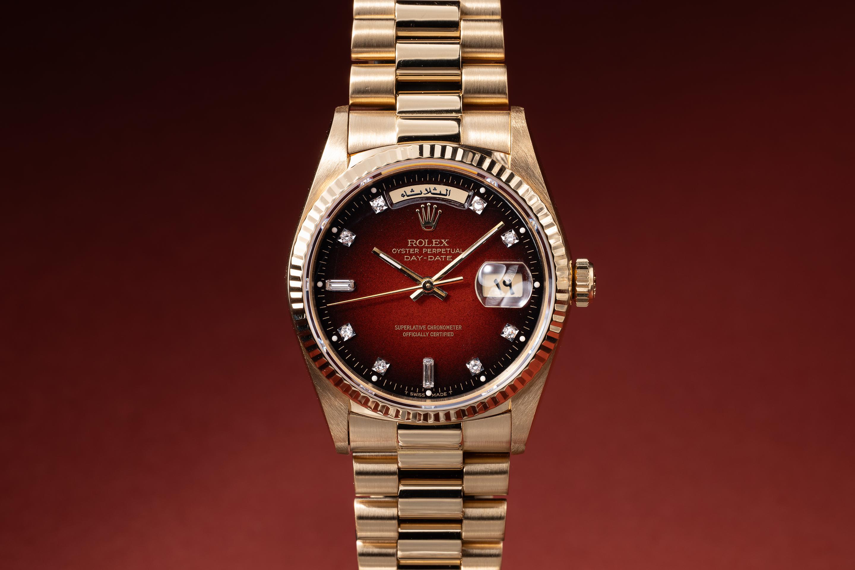 苺ページ FS: 1986 Rolex 18K YG Day-Date 18038 Burgundy Vignette Diamond