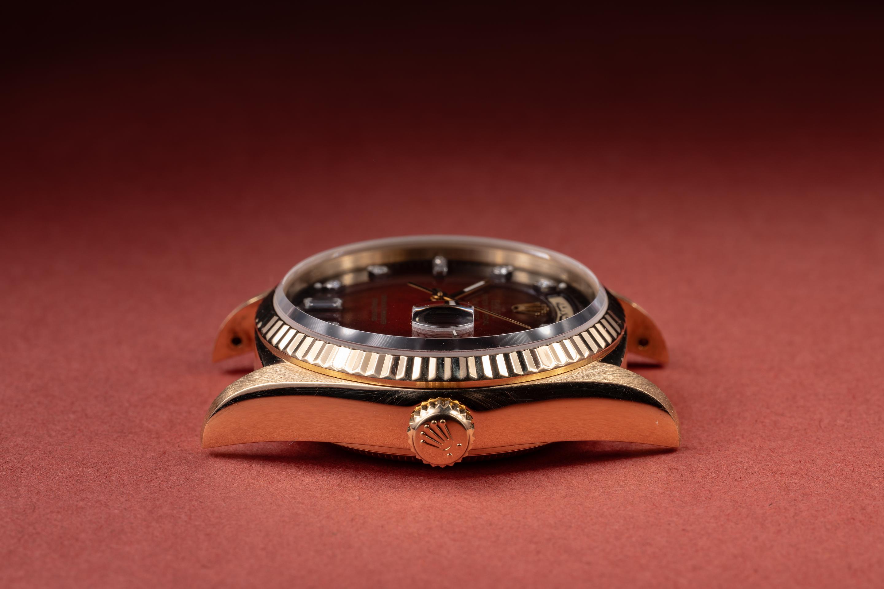 苺ページ FS: 1986 Rolex 18K YG Day-Date 18038 Burgundy Vignette Diamond