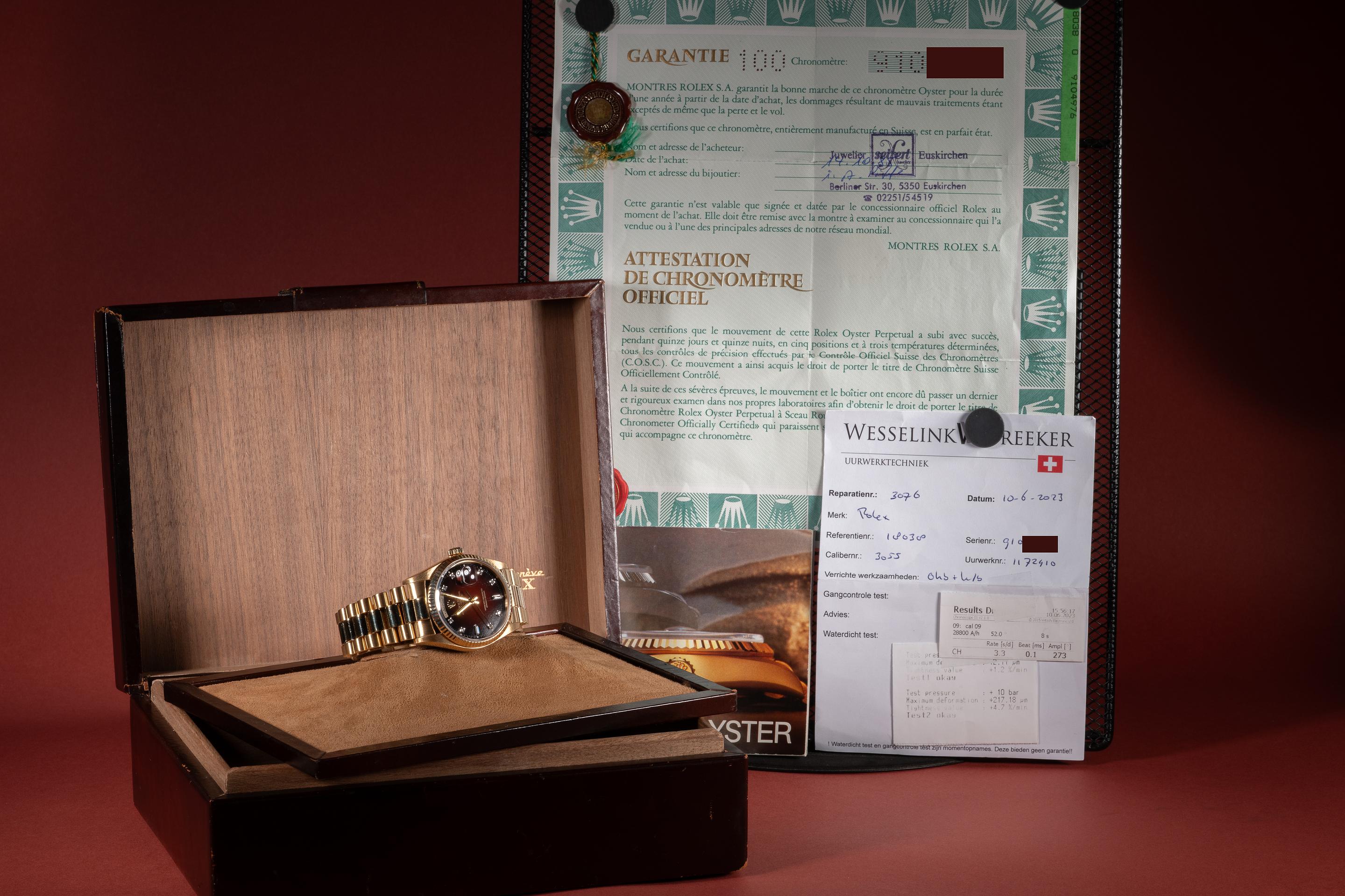 FS: 1986 Rolex 18K YG Day-Date 18038 Burgundy Vignette Diamond